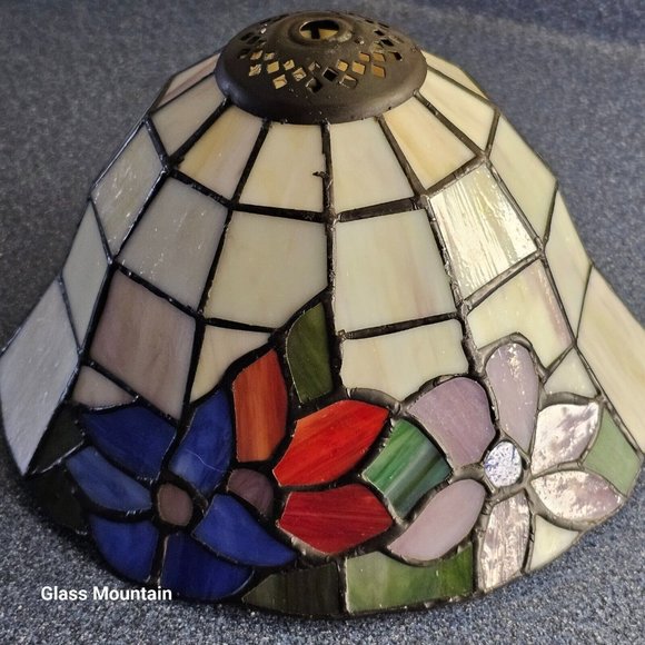 SOLD - Tiffany Style Small Stained Glass Floral Mauve Red Blue Green Lamp Shade - Picture 2 of 7
